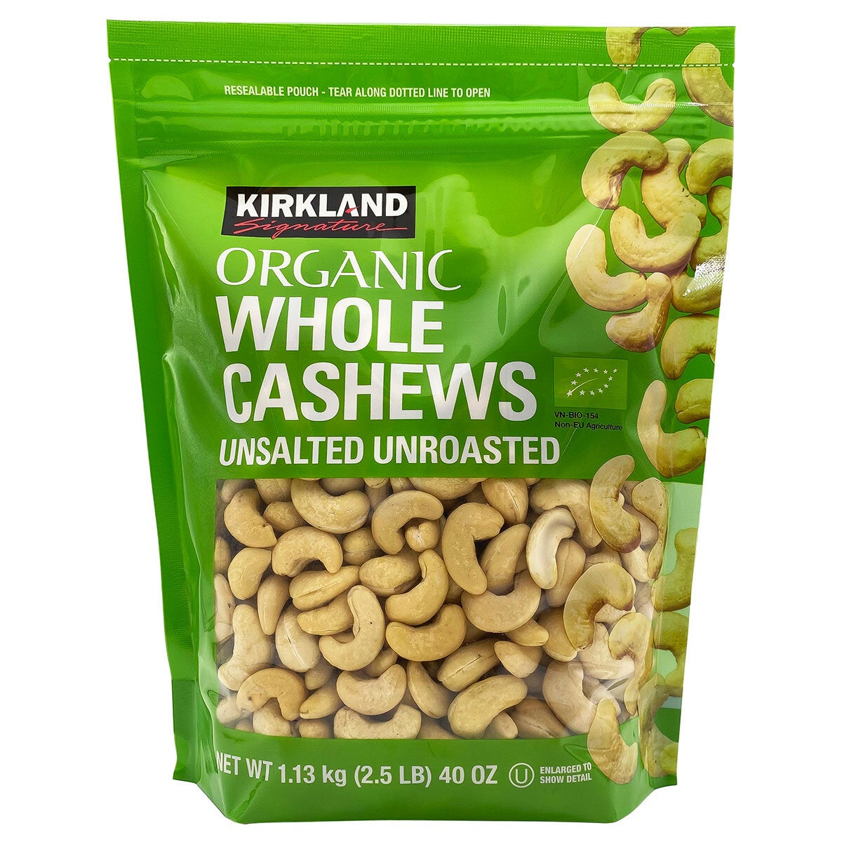 Kirkland Signature organic whole unsalted cashews 1.13kg, UK version