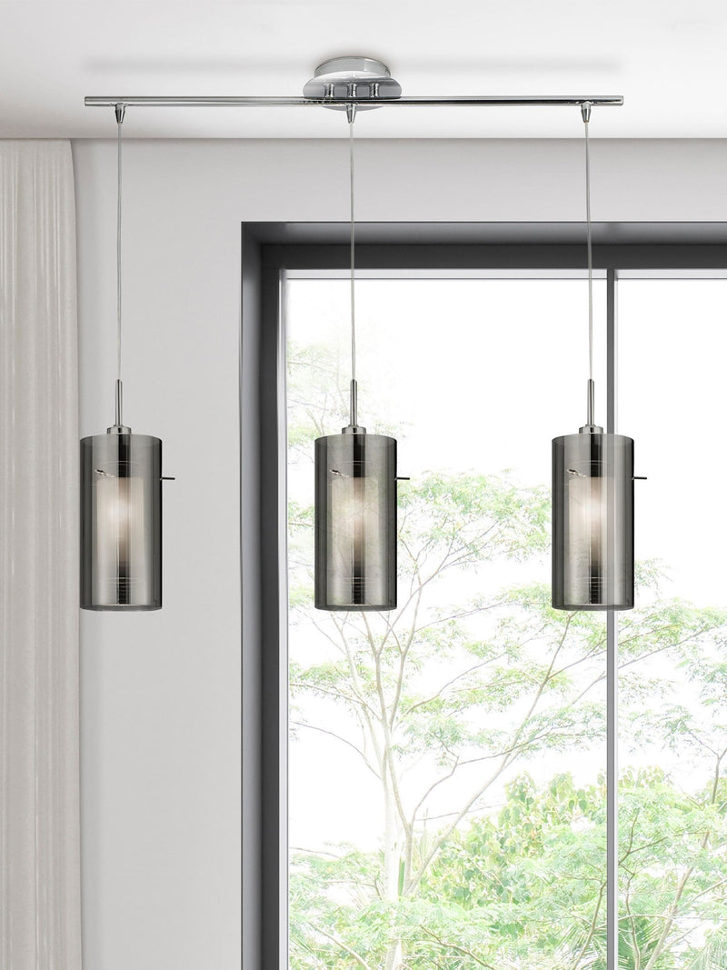 Searchlight Basil chrome pendant light smoked glass frosted inner 3-light - British product