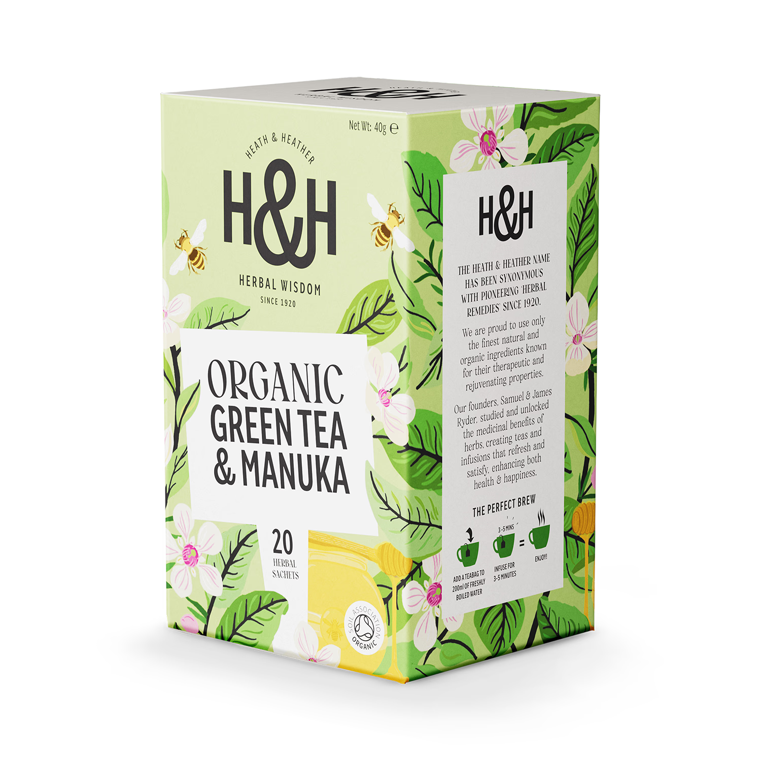 Heath Heather Organic Green Tea Manuka 20 Tea Bags, UK version