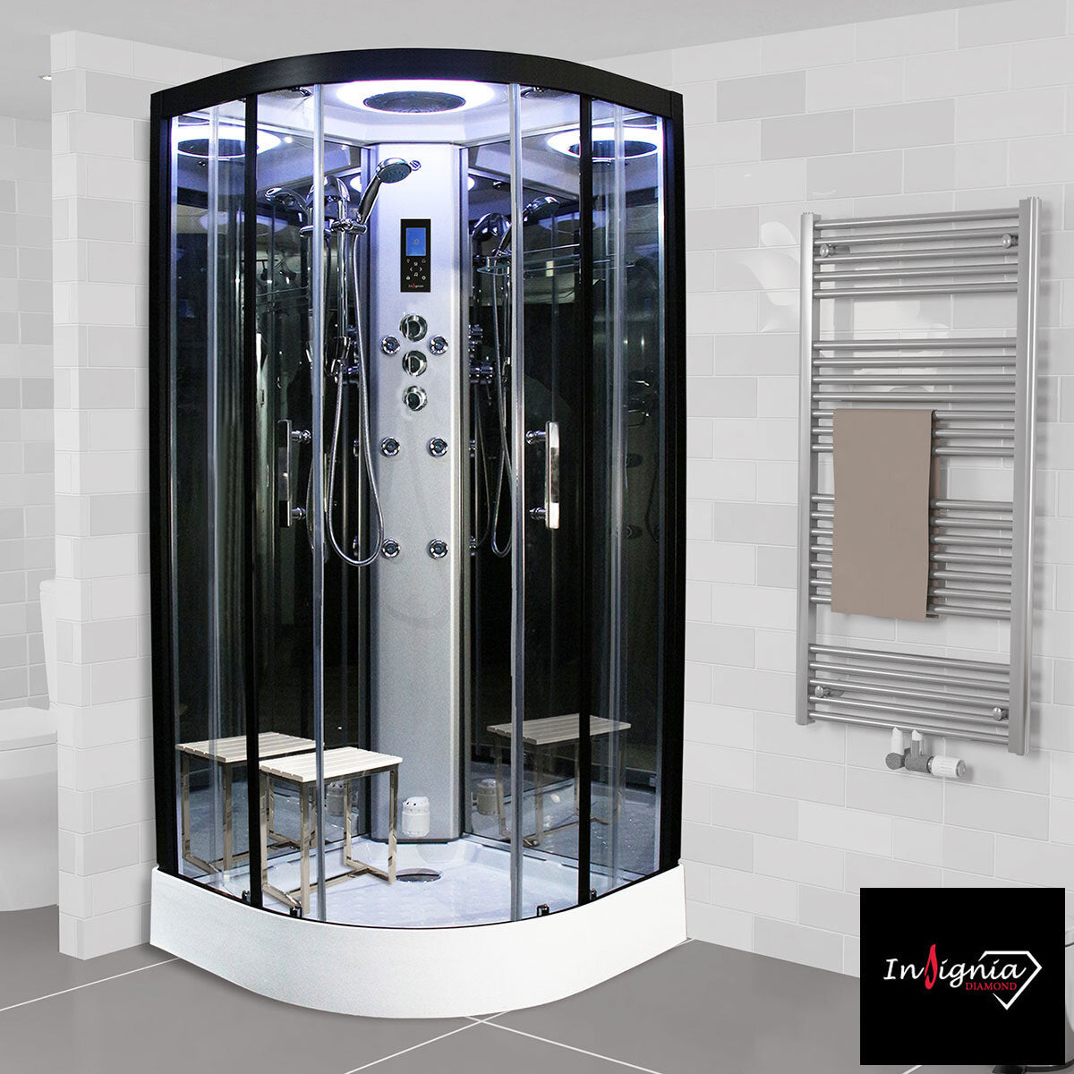 Insignia Diamond 900mm Quadrant Steam Shower with Bluetooth and body jets, UK version