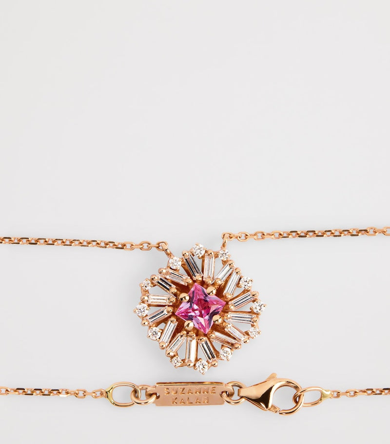 Suzanne Kalan princess flower rose gold necklace with diamonds and pink sapphire (British brand)