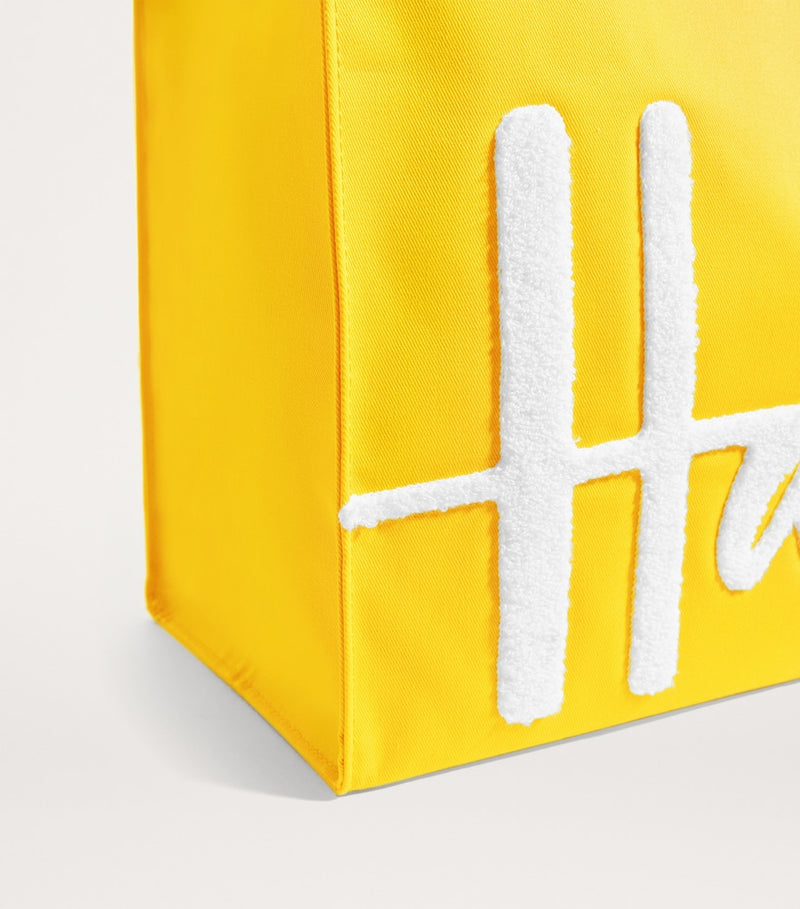 Harrods large cotton logo tote bag in vibrant yellow, UK version