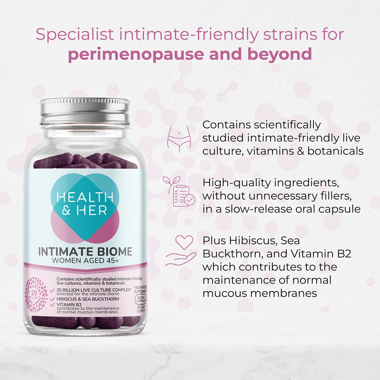Health & Her Intimate Biome 45+ 60 capsules, imported from the UK