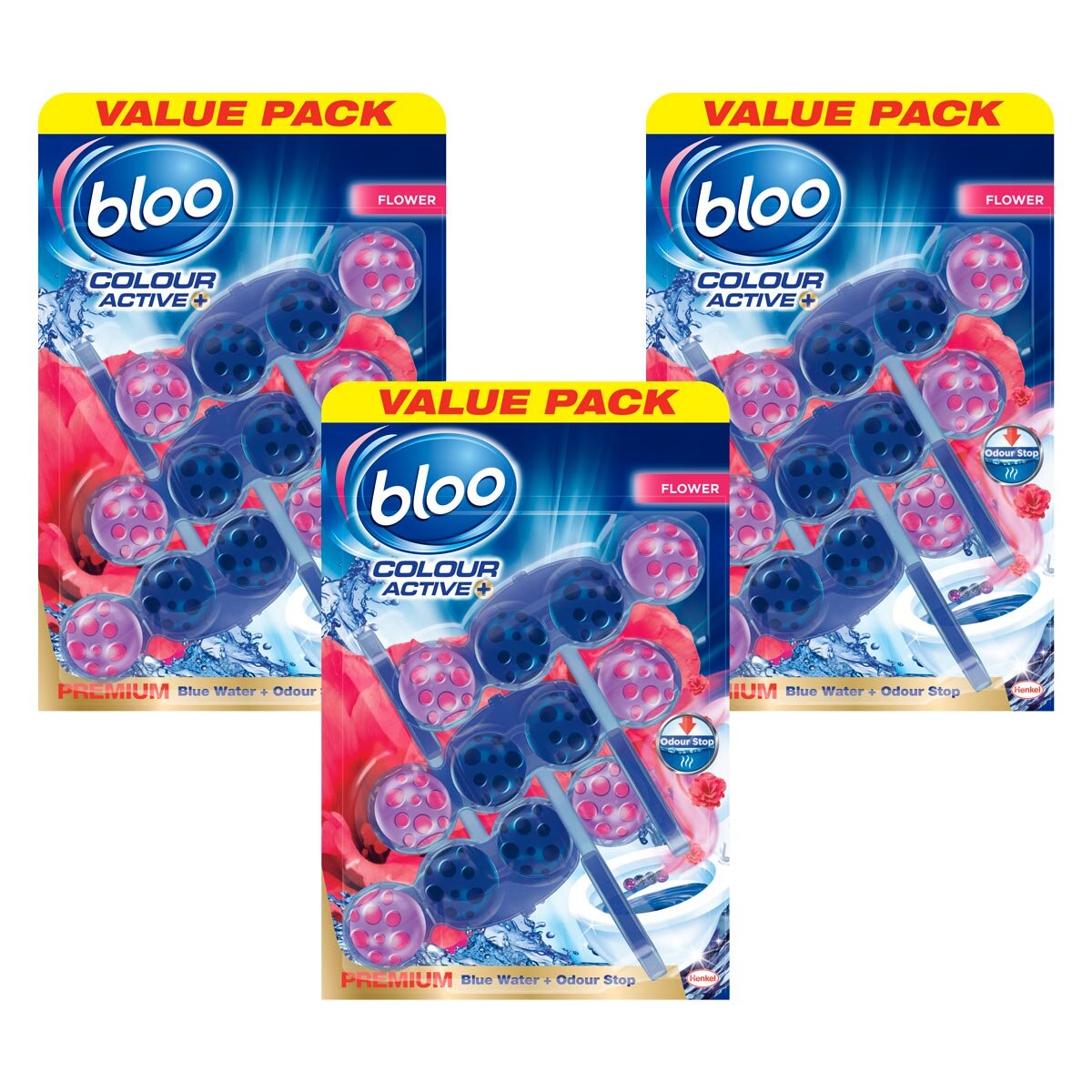 Bloo Colour Active toilet rim blocks 3 x 3 pack - British product