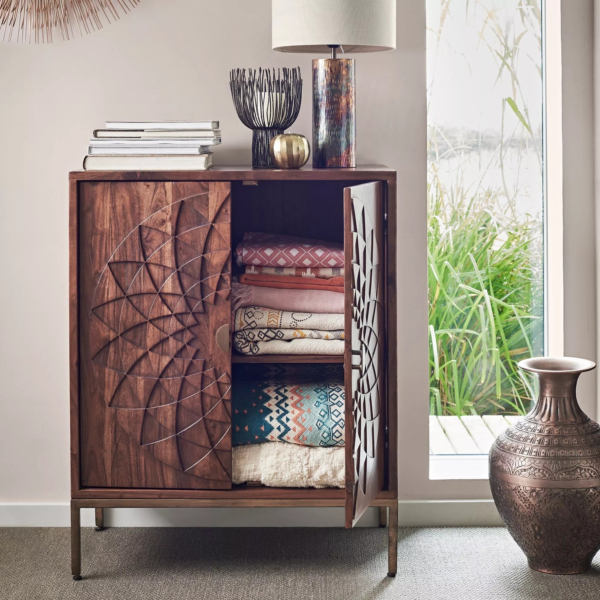 John Lewis Array wood storage cabinet, carved mandala pattern - British product