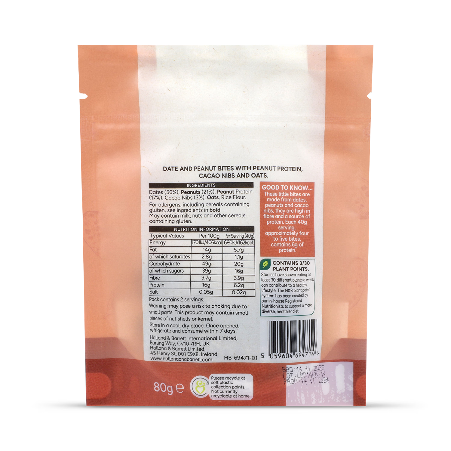 Holland & Barrett Peanut and Cacao Bites 80g, UK version