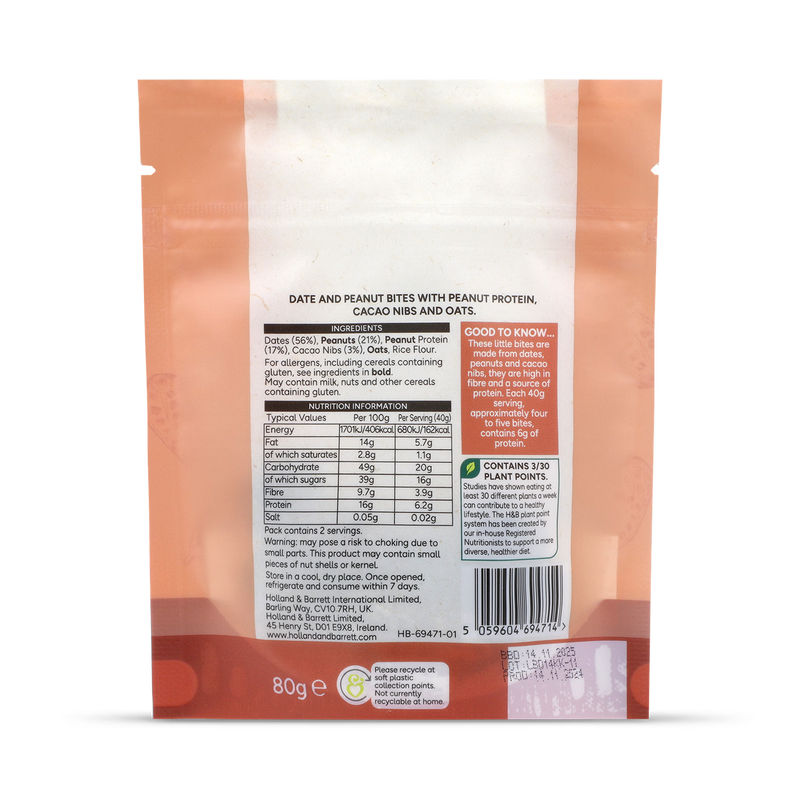 Holland & Barrett Peanut and Cacao Bites 80g, UK version