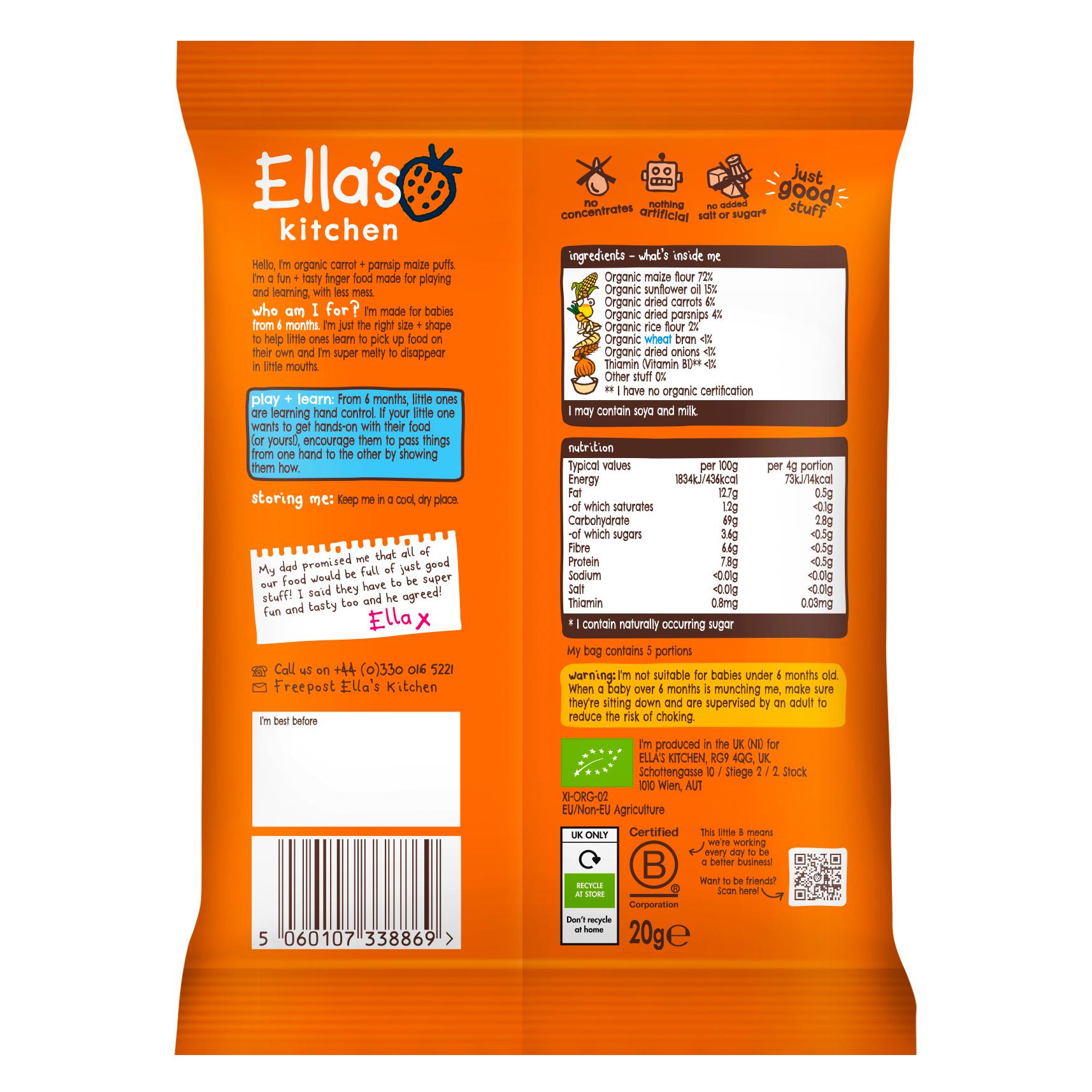 Ella's Kitchen baby snack carrot and parsnip melty puffs 20g - British product