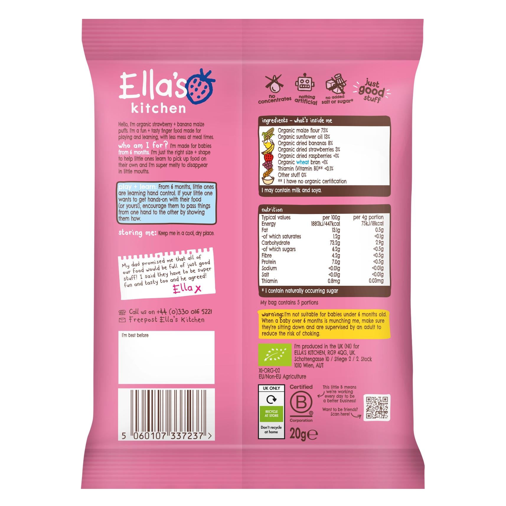 Ella's Kitchen melty puffs strawberry banana 20g, imported from the UK
