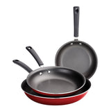 Tramontina 3-piece non-stick frying pan set in black and red, imported from the UK