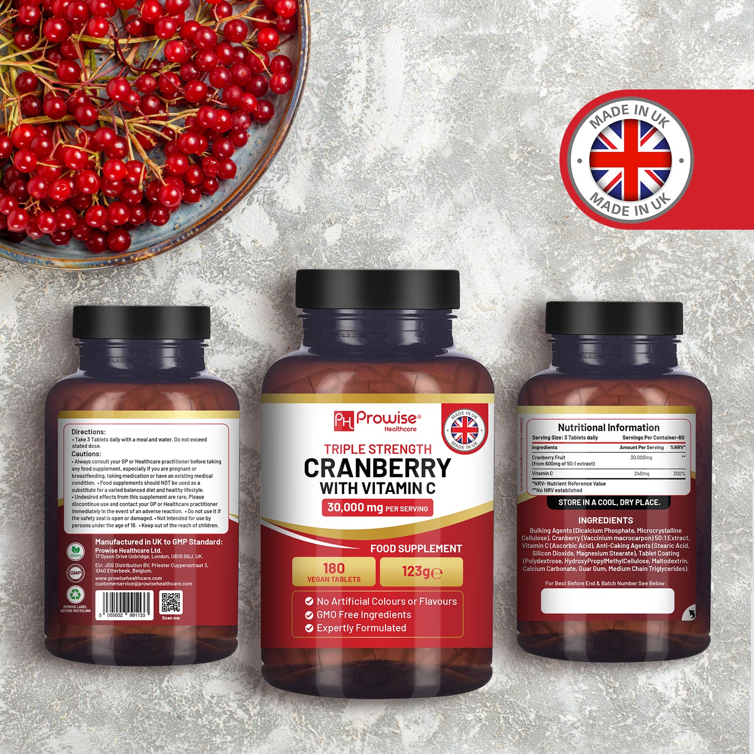 Prowise Healthcare Triple Strength Cranberry with Vitamin C 180 tablets, UK version