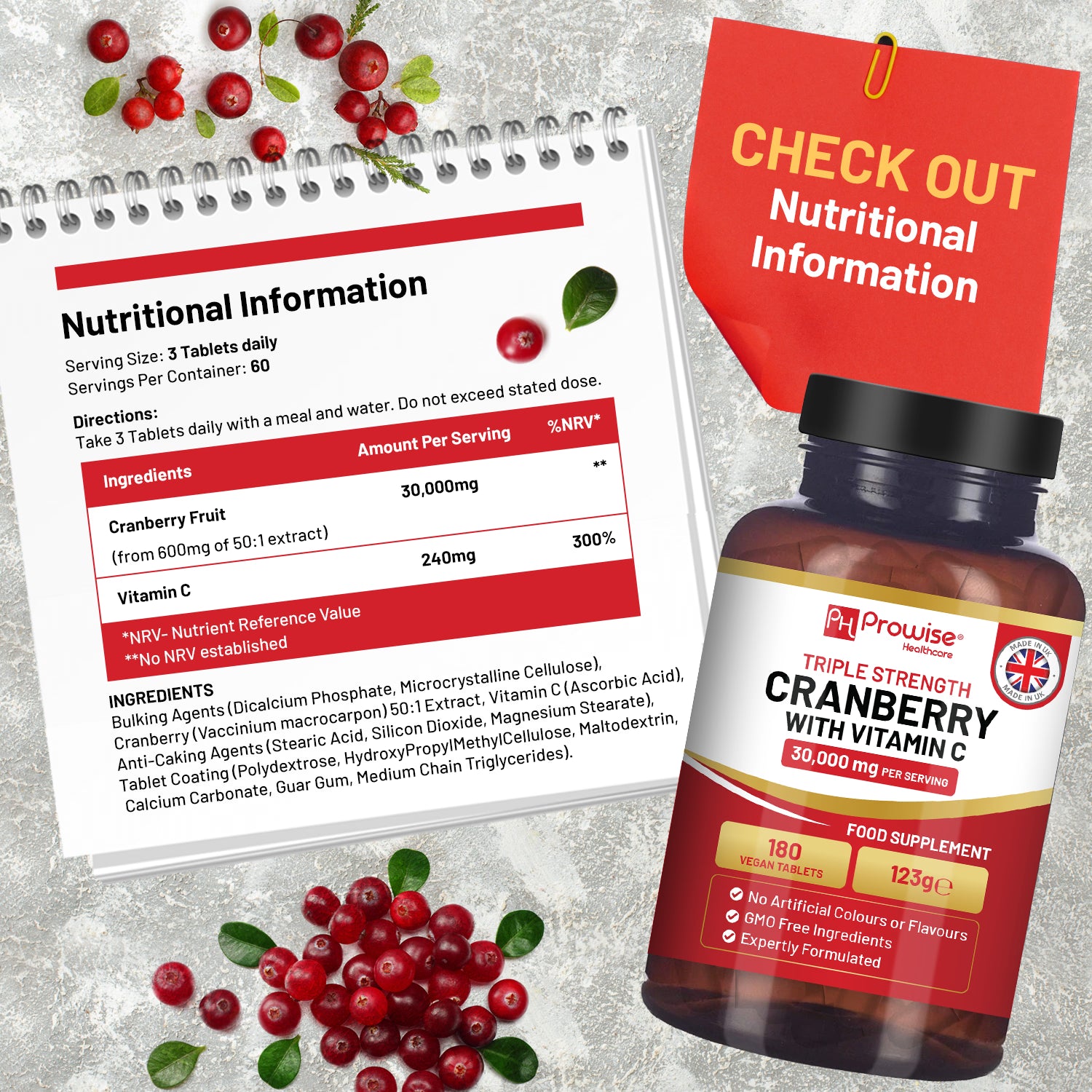 Prowise Healthcare Triple Strength Cranberry with Vitamin C 180 tablets, UK version