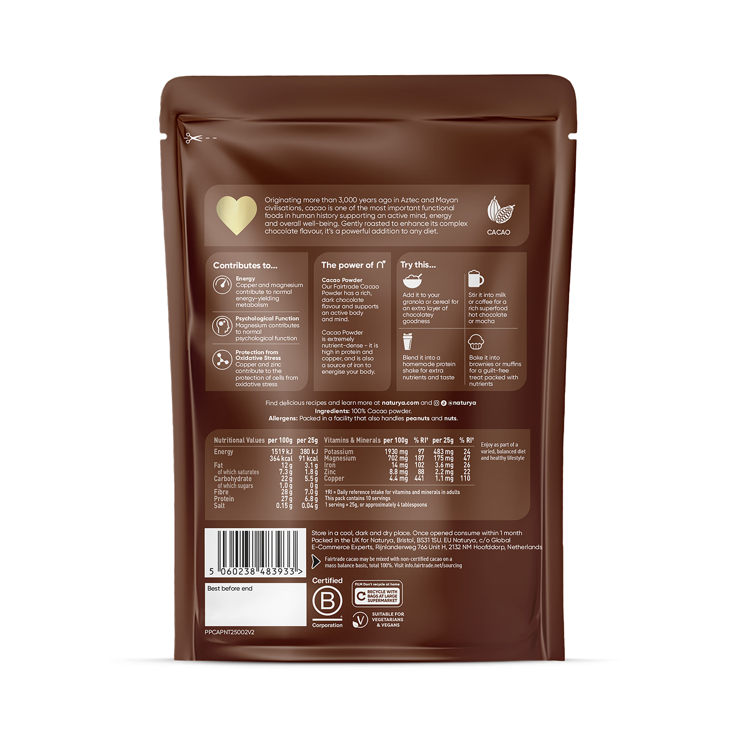 Naturya raw cacao powder 250g, UK version
