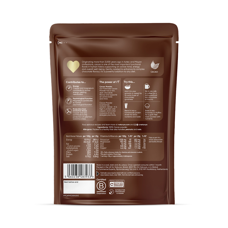 Naturya raw cacao powder 250g, UK version