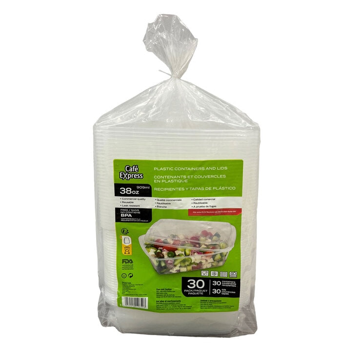 Cafe Express Plastic Containers and Lids 38oz 30 Pack