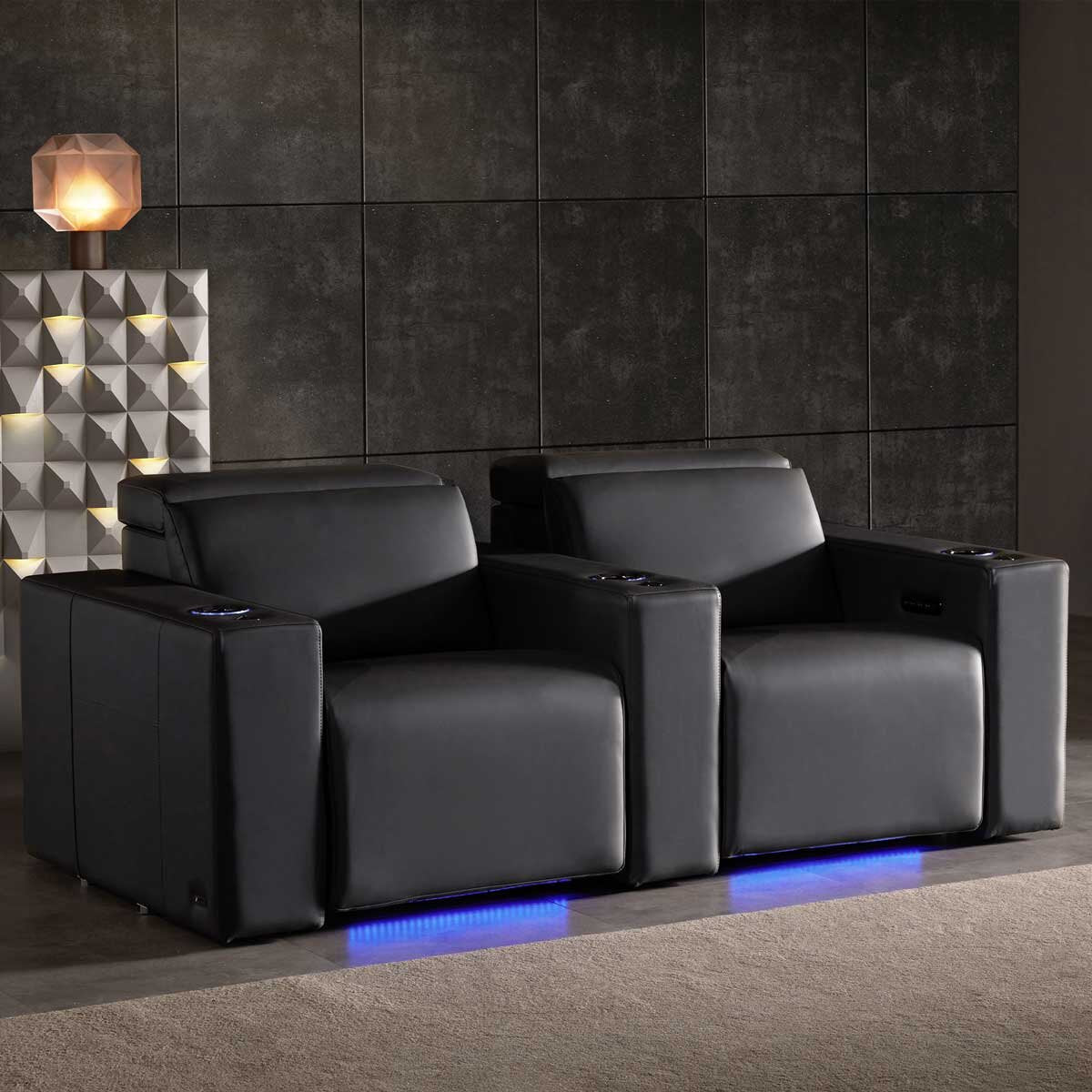 Valencia Barcelona Row of 2 Black Leather Power Reclining Home Theatre Seating with RGB LED GOODS Costco UK