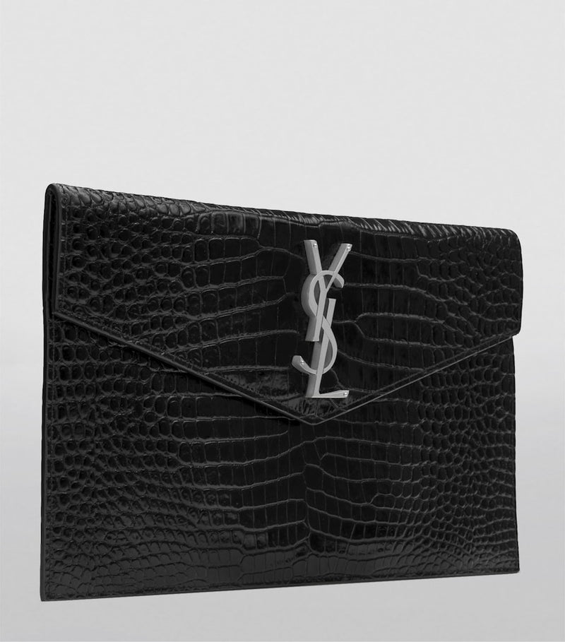 Saint Laurent Uptown croc-embossed leather clutch bag, UK version