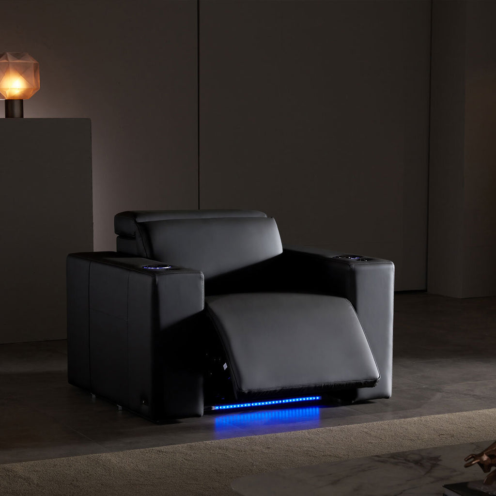 Valencia Barcelona Black Leather Power Reclining Home Theatre Chair with RGB LED