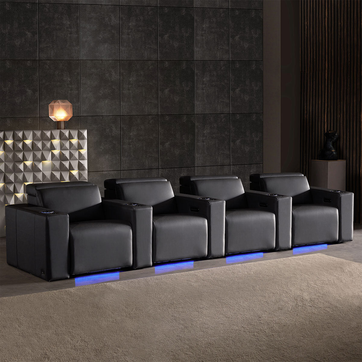 Valencia Barcelona Row of 4 Black Leather Power Reclining Home Theatre Seating with RGB LED GOODS Costco UK