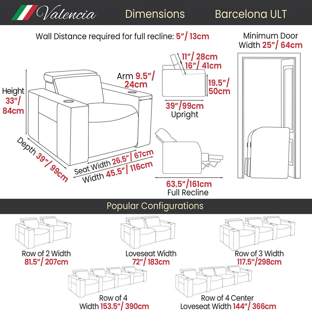 Valencia Barcelona Row of 4 Black Leather Power Reclining Home Theatre Seating with RGB LED