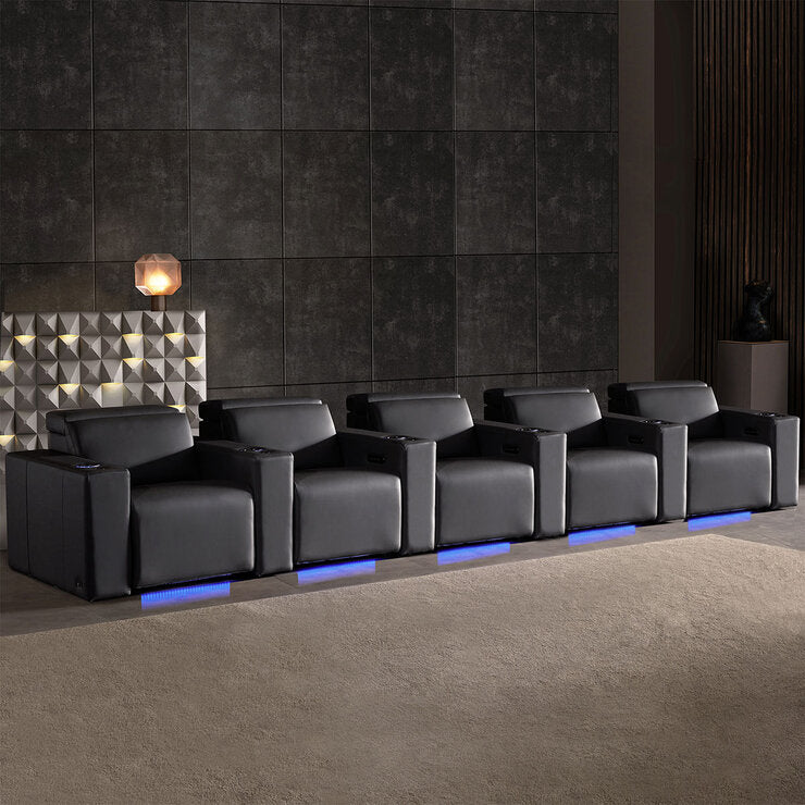 Valencia Barcelona black leather power reclining home theatre seating row of 5 (British brand)