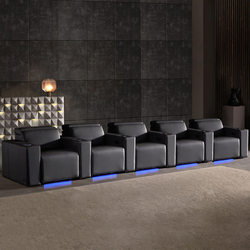 Valencia Barcelona black leather power reclining home theatre seating row of 5 (British brand)