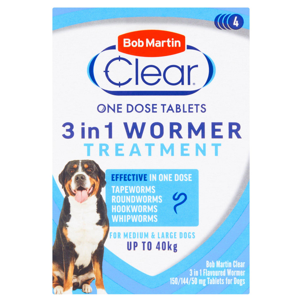 Bob Martin Clear 3 In 1 Flavoured Wormer Tablets For Dogs x4 150/144/50mg