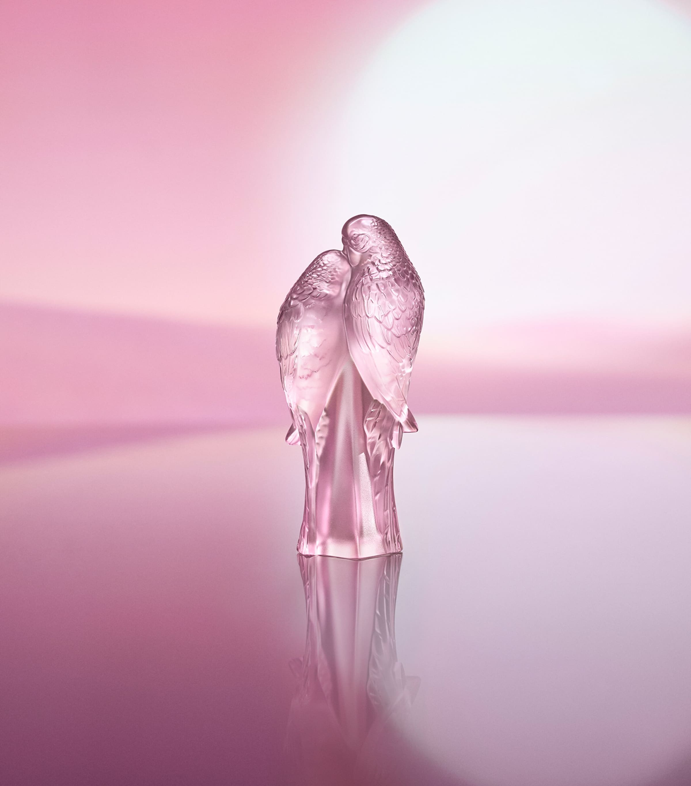 Lalique Rose Nebula Two Parakeets crystal sculpture, UK version