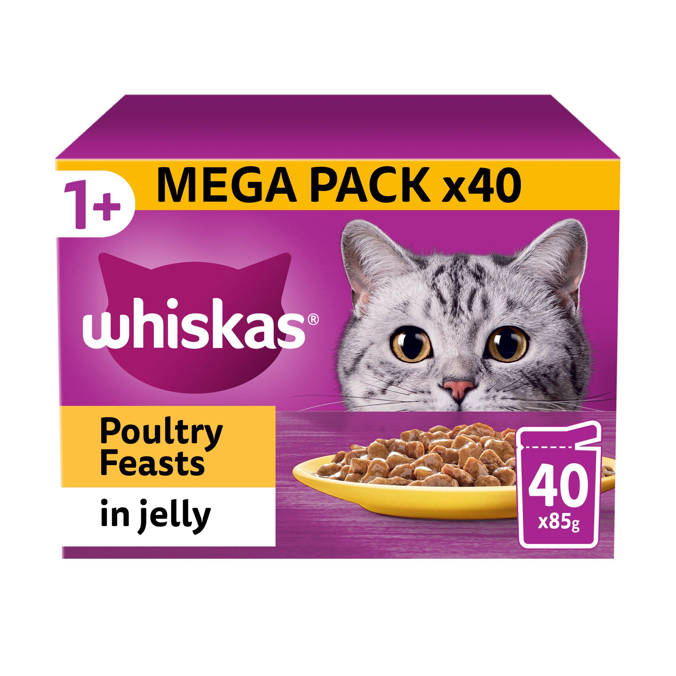 Whiskas 1+ Poultry Feasts Adult Wet Cat Food Pouches in Jelly 40x85g GOODS Sainsburys   