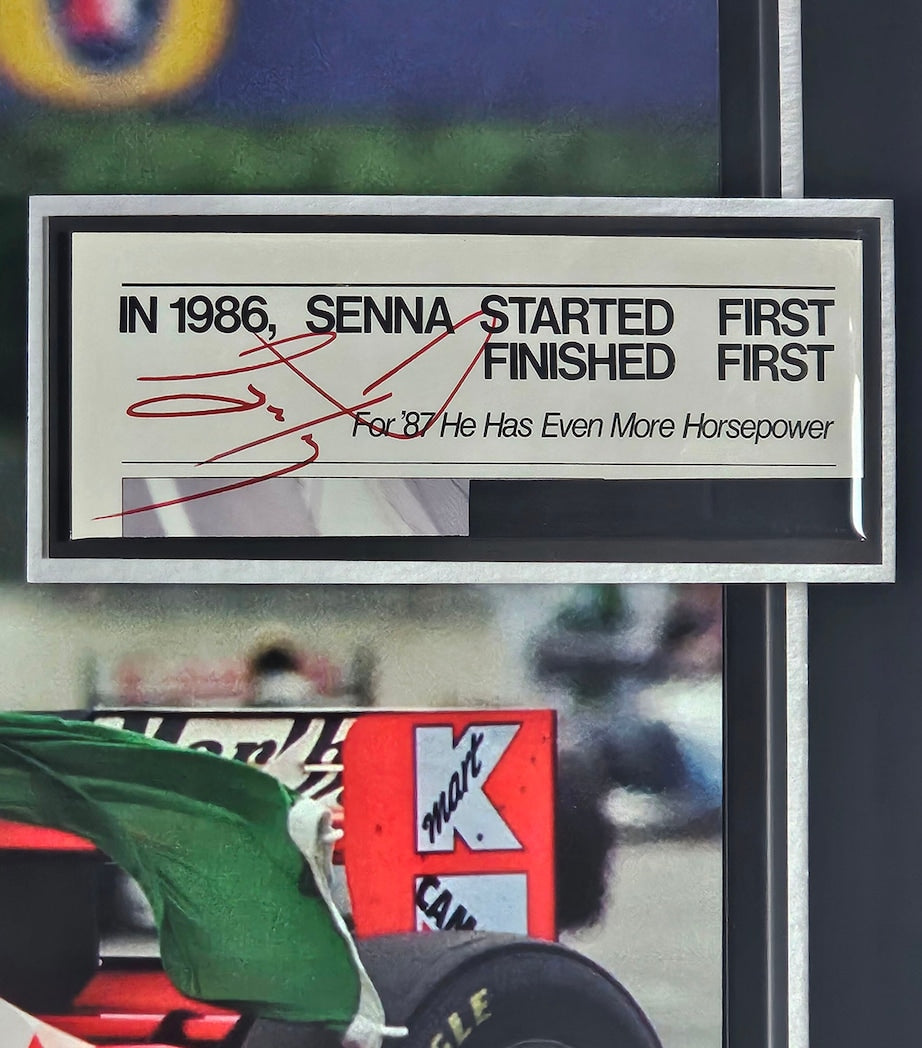 Leipzig Galleries Ayrton Senna race-used wheel nut and autograph framed display 69x99x12cm, UK version