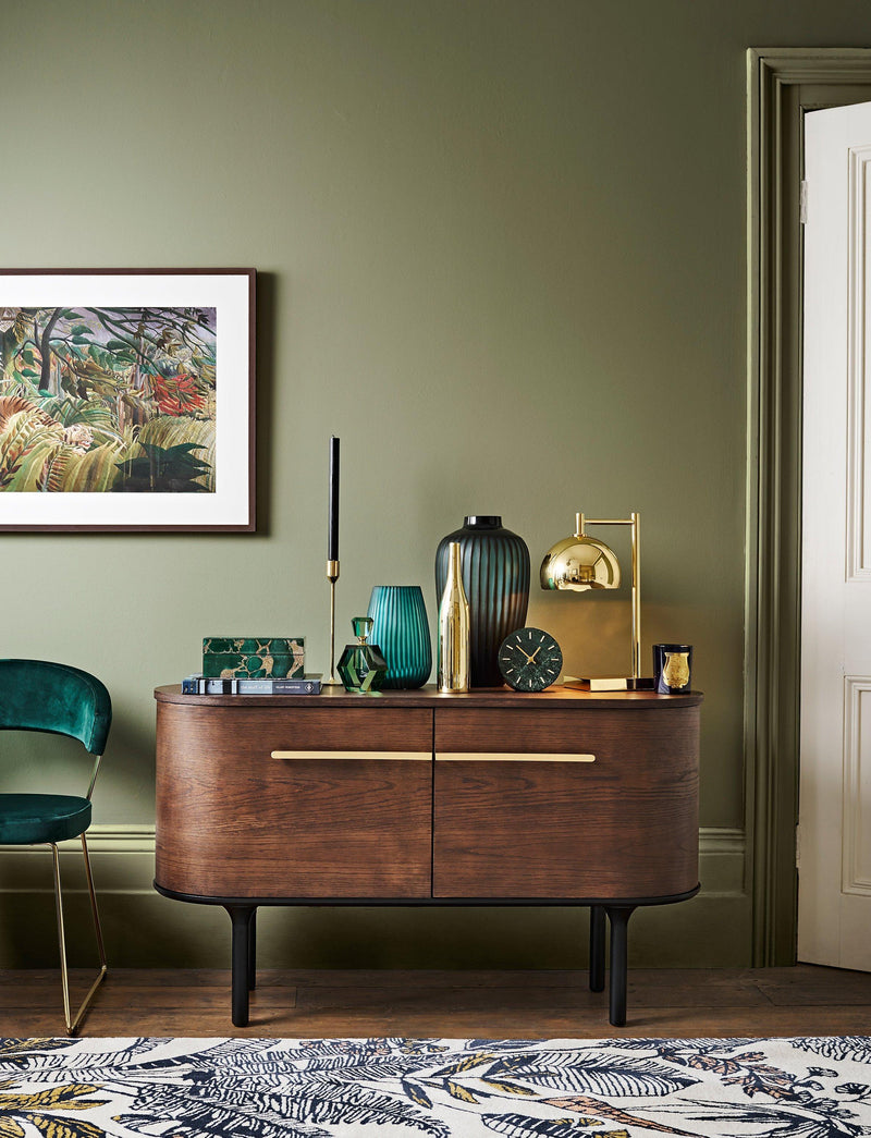 John Lewis mantel clock green/brass 14cm, imported from the UK