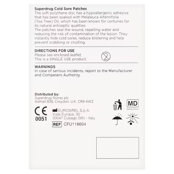 Superdrug cold sore patch with tea tree oil 10 count (British brand)