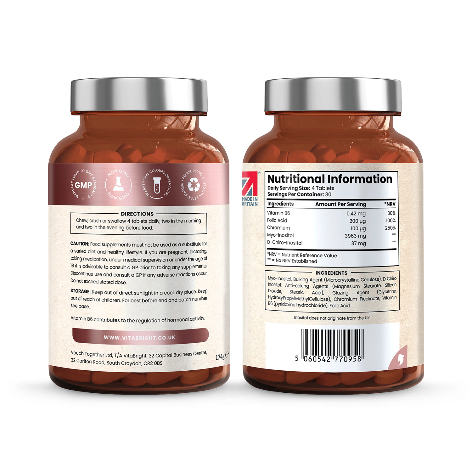 VitaBright Myo-Inositol supplement 4000mg 120 tablets, imported from the UK