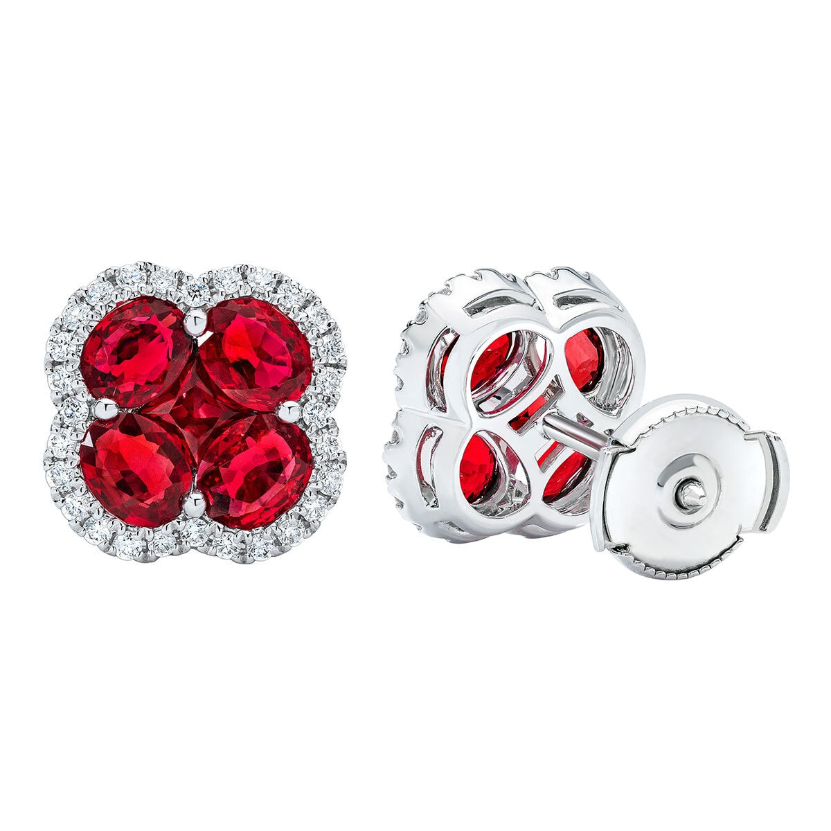 Ruby and diamond clover stud earrings 14ct white gold - British product