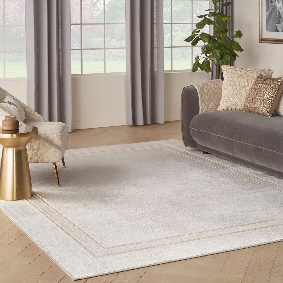 Nourison Glitz Cream Border rug available in three sizes, UK version