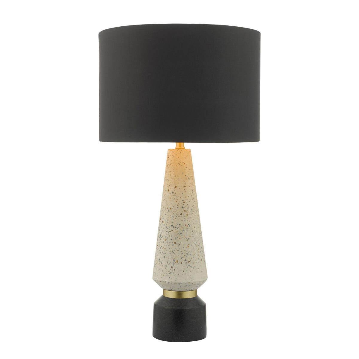 Onora table lamp terrazzo base black faux silk shade, imported from the UK
