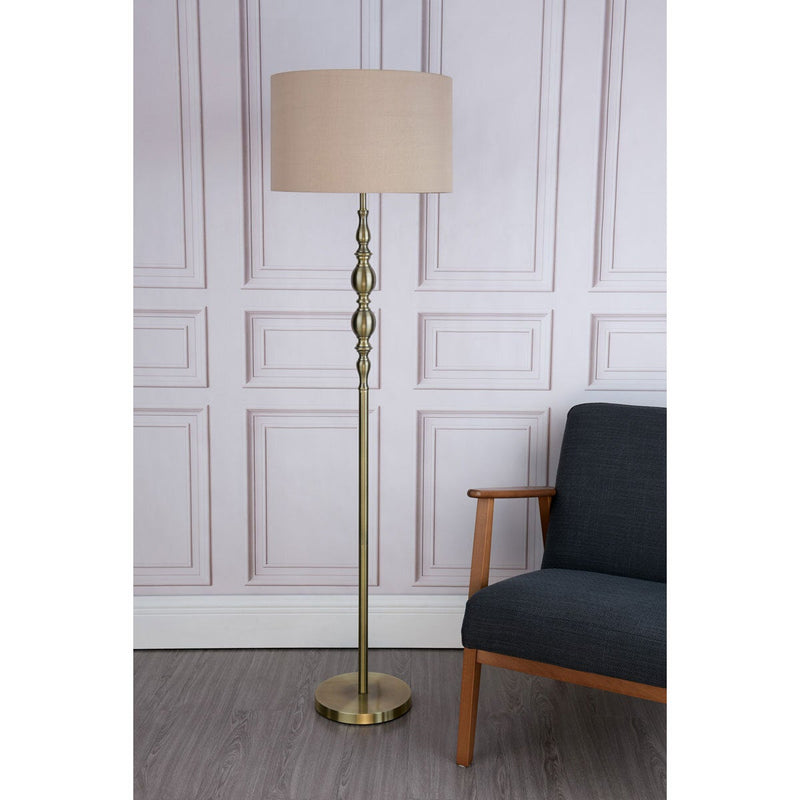 Antique brass floor lamp with faux silk shade, imported from the UK
