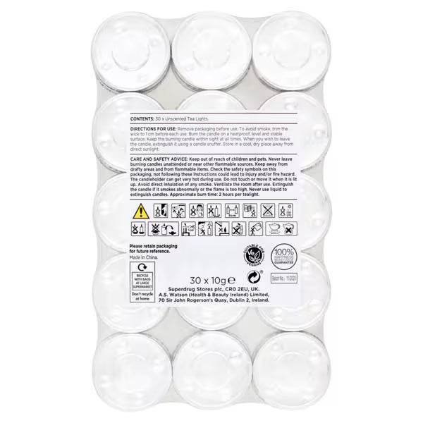 Superdrug un-fragranced tea light candles 30 pack (British brand)