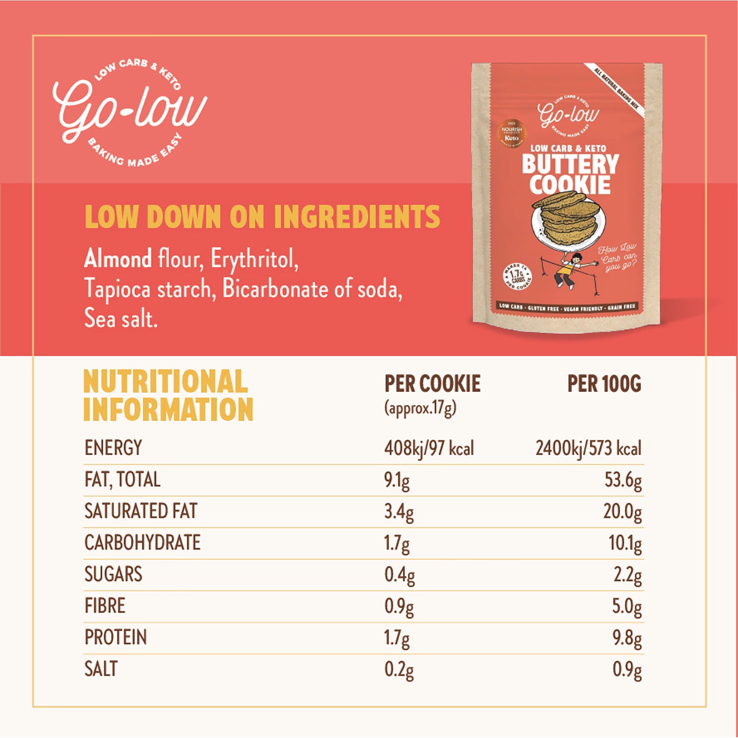 Go Low Buttery cookie mix low sugar keto gluten free 179g, UK version