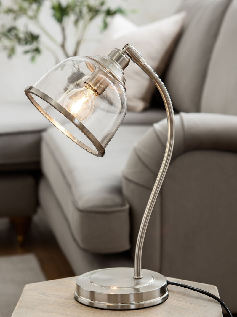 Brushed nickel desk lamp with glass shade, imported from the UK