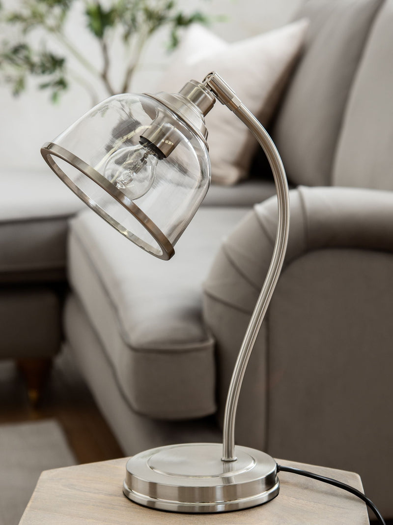 Brushed nickel desk lamp with glass shade, imported from the UK