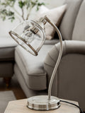 Brushed nickel desk lamp with glass shade, imported from the UK