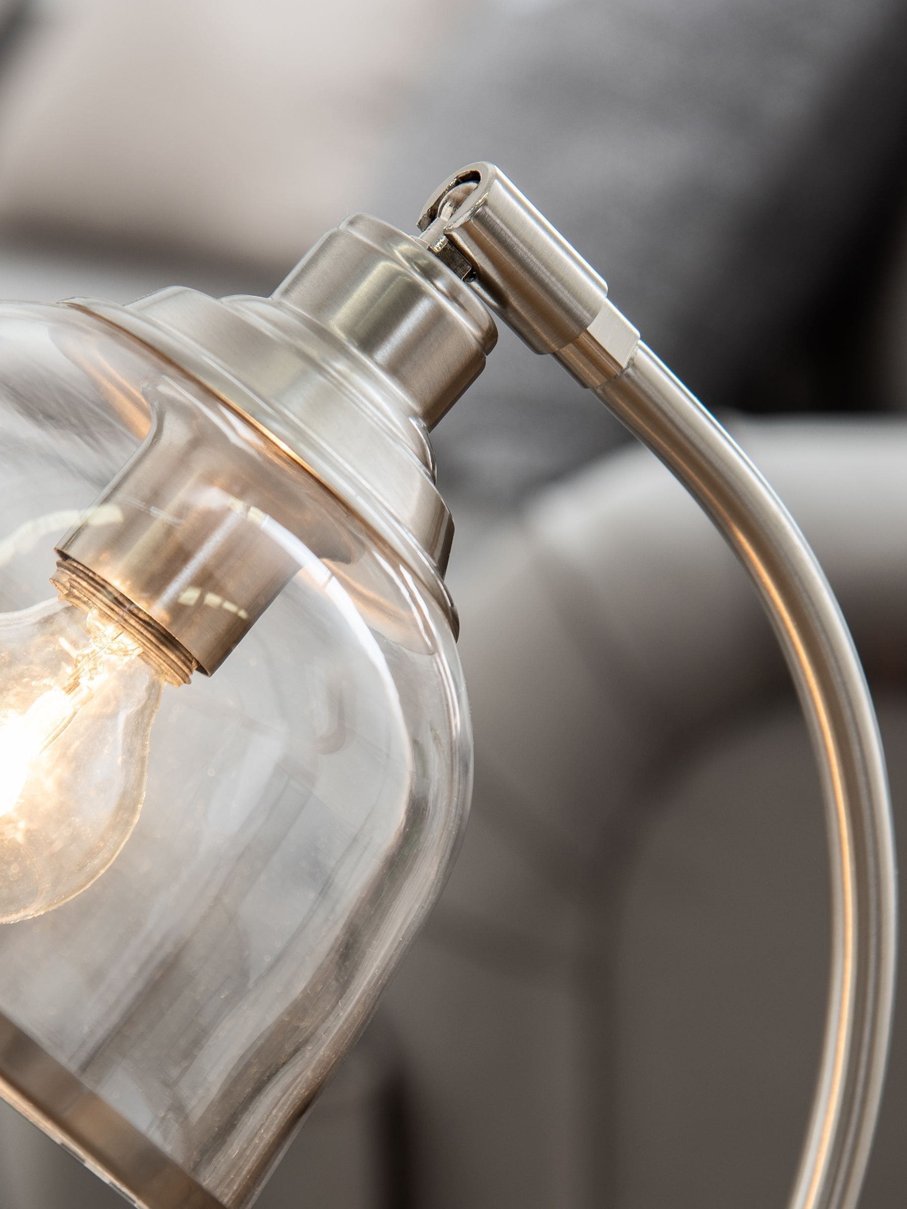 Brushed nickel desk lamp with glass shade, imported from the UK