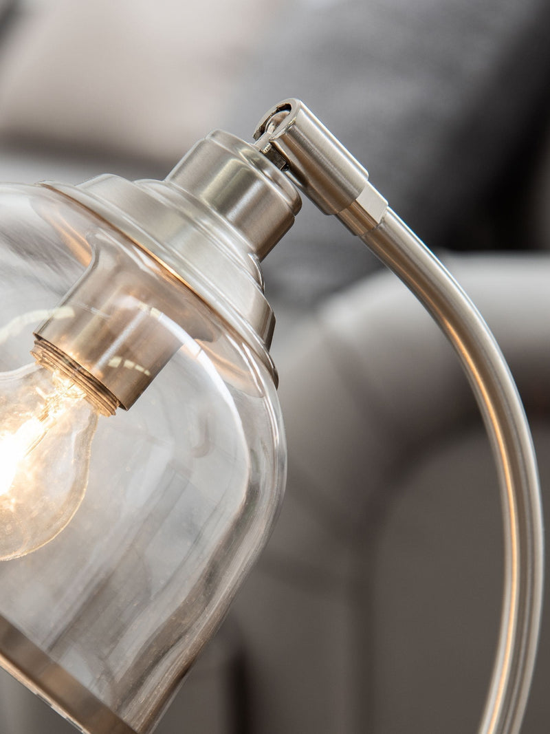 Brushed nickel desk lamp with glass shade, imported from the UK
