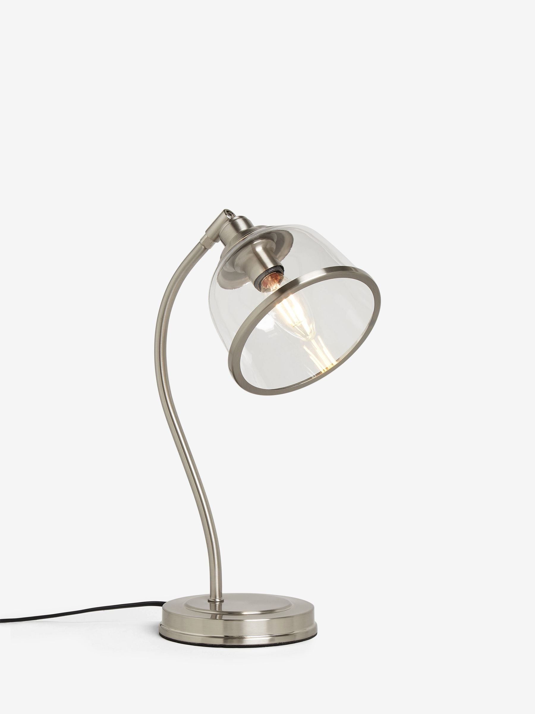 Brushed nickel desk lamp with glass shade, imported from the UK