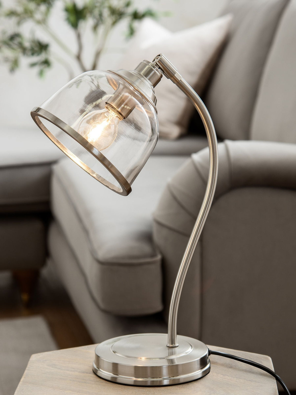 Brushed nickel desk lamp with glass shade, imported from the UK