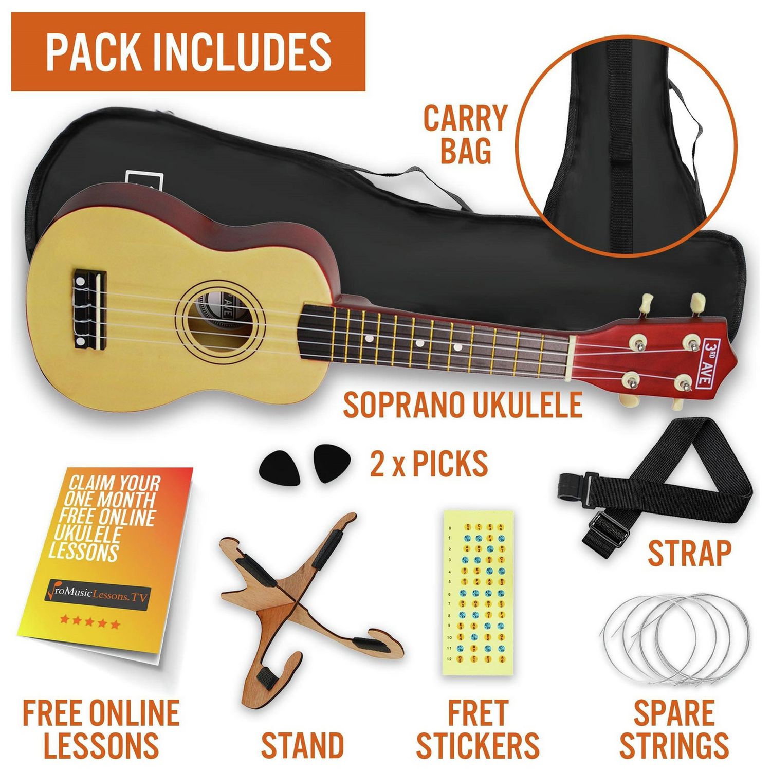 3rd Avenue Soprano Ukulele Natural 21-Inch - British product
