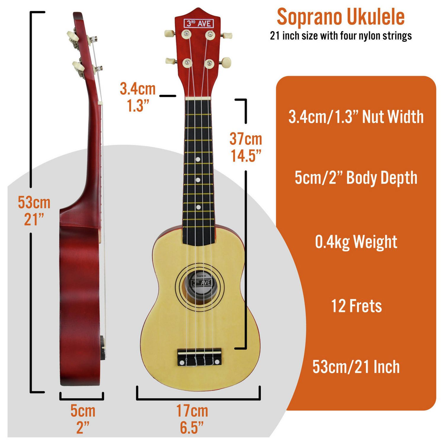 3rd Avenue Soprano Ukulele Natural 21-Inch - British product