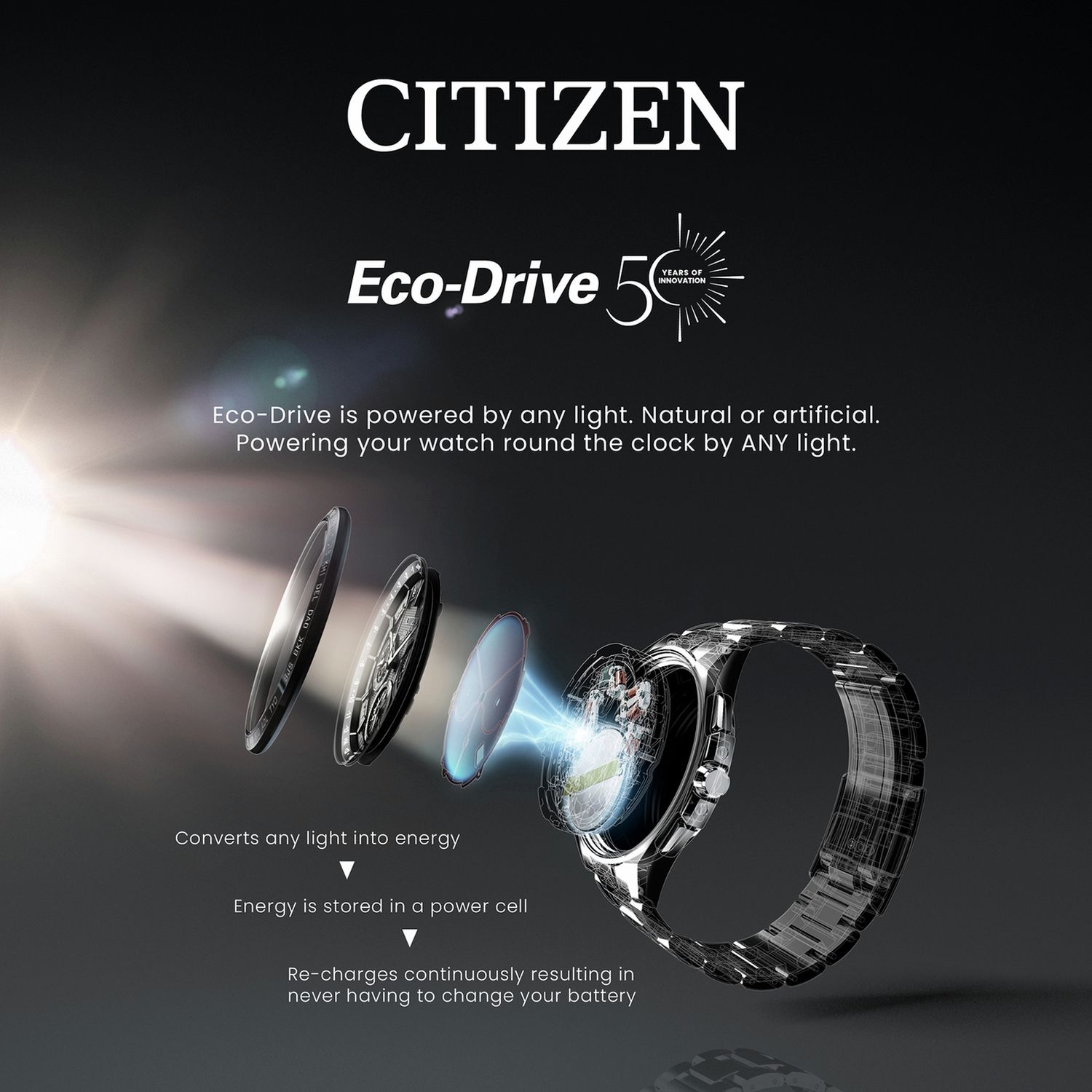 Citizen Eco-Drive black leather strap watch 44mm, UK version
