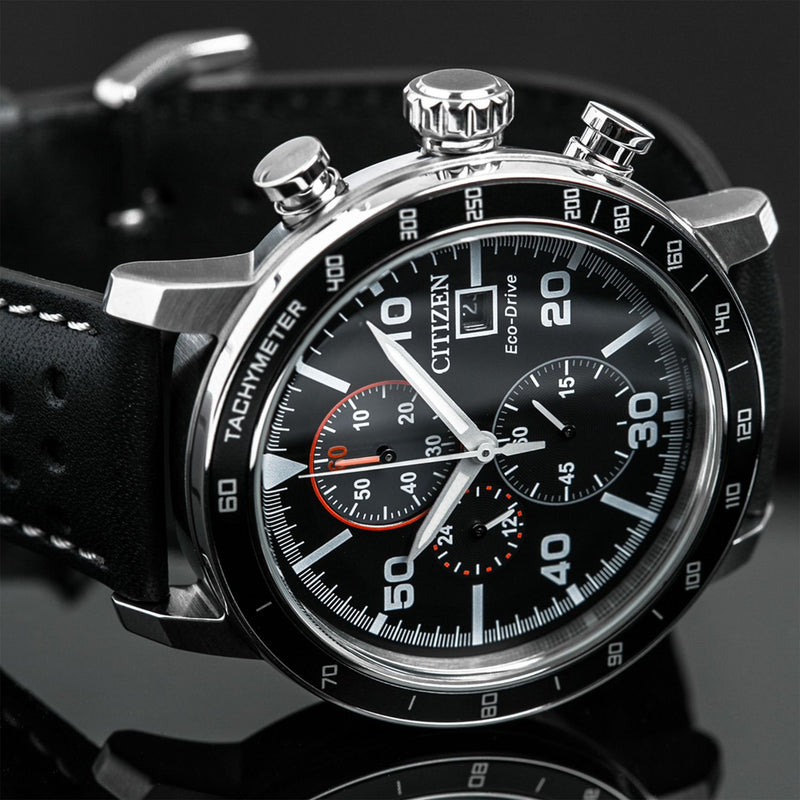 Citizen Eco-Drive black leather strap watch 44mm, UK version